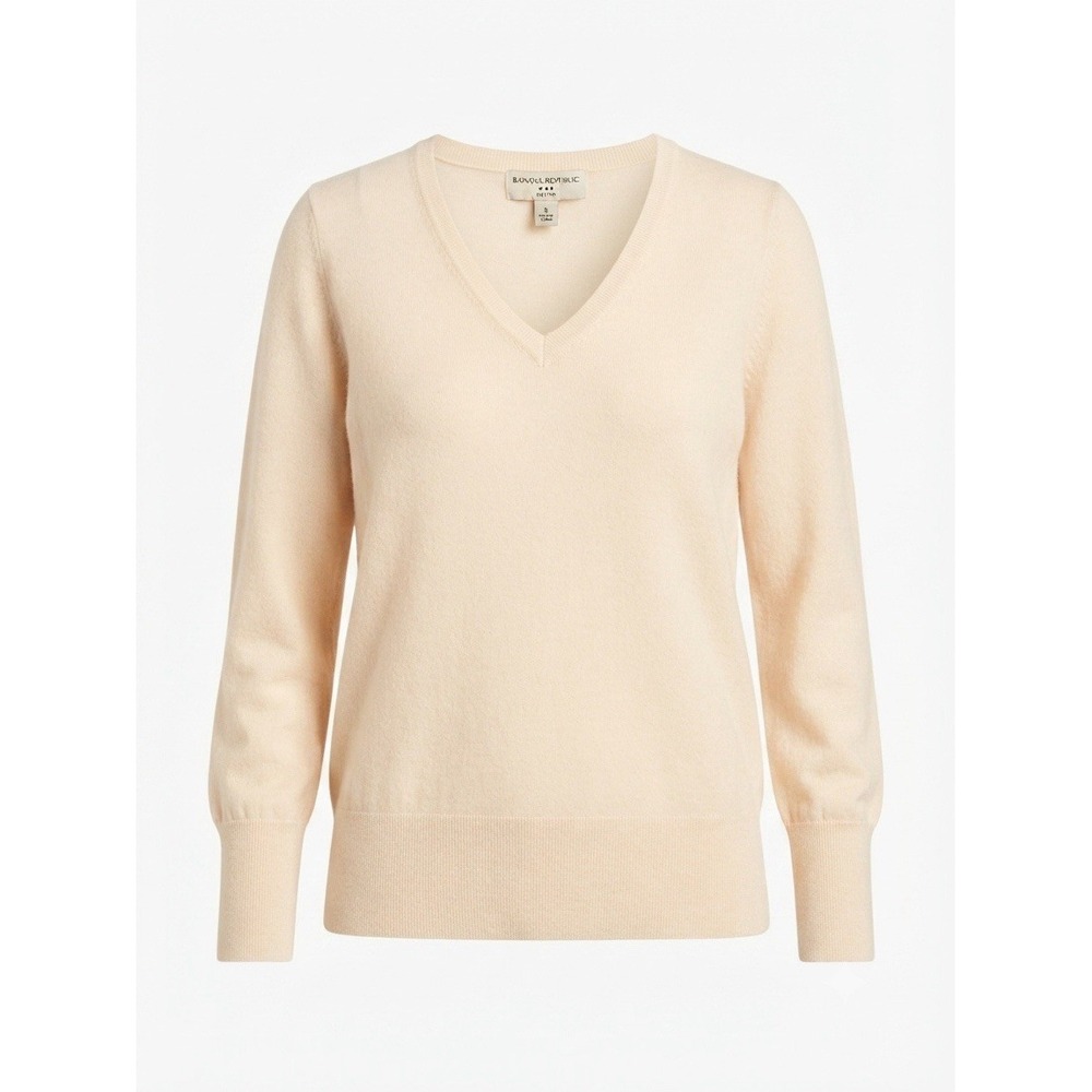 Women's Small Cream Merino Wool V-Neck Long Sleeve Sweater A9-075